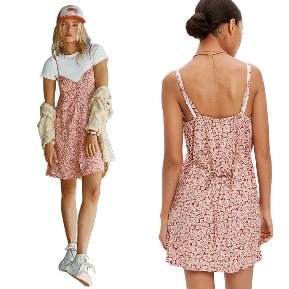 American Eagle Pink Floral Button-Front V-Neck Mini Dress Size Small